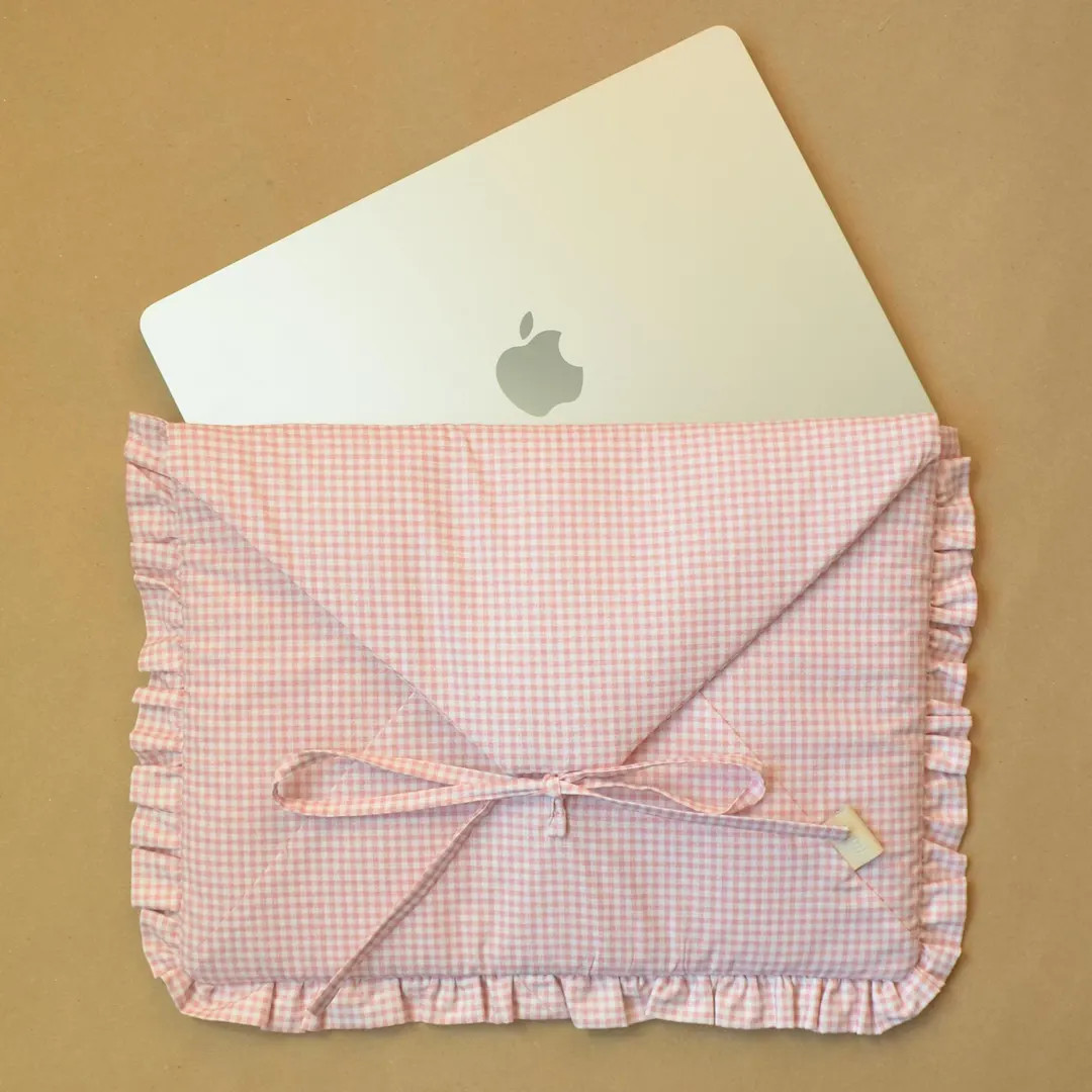 Quilted Laptop Sleeve on Bow, Cotton Pink Gingham Laptop Sleeve Case, Fabric Sleeve Case With Ruf... | Etsy (DACH)