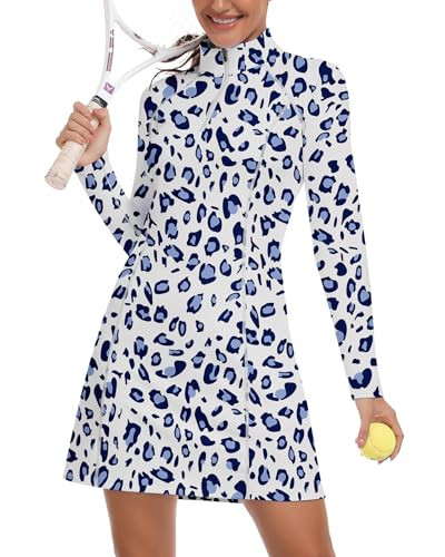 WOWENY Golf Dresses for Women Long Sleeve 1/4 Zip Tennis Dress with Shorts and Pockets UPF 50+ Workout Athletic Dress(Bule Leopard, S) | Amazon (US)
