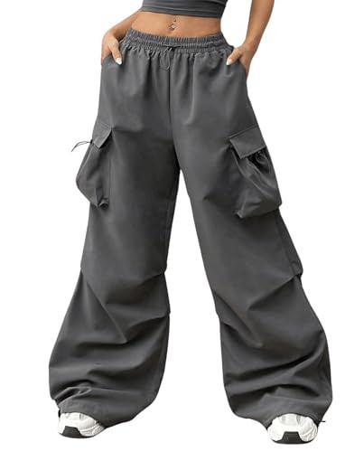 OYOANGLE Women's Casual Cargo Pants Pockets Elastic Waist Loose Y2K Street Baggy Parachute Trousers Grey Large | Amazon (US)
