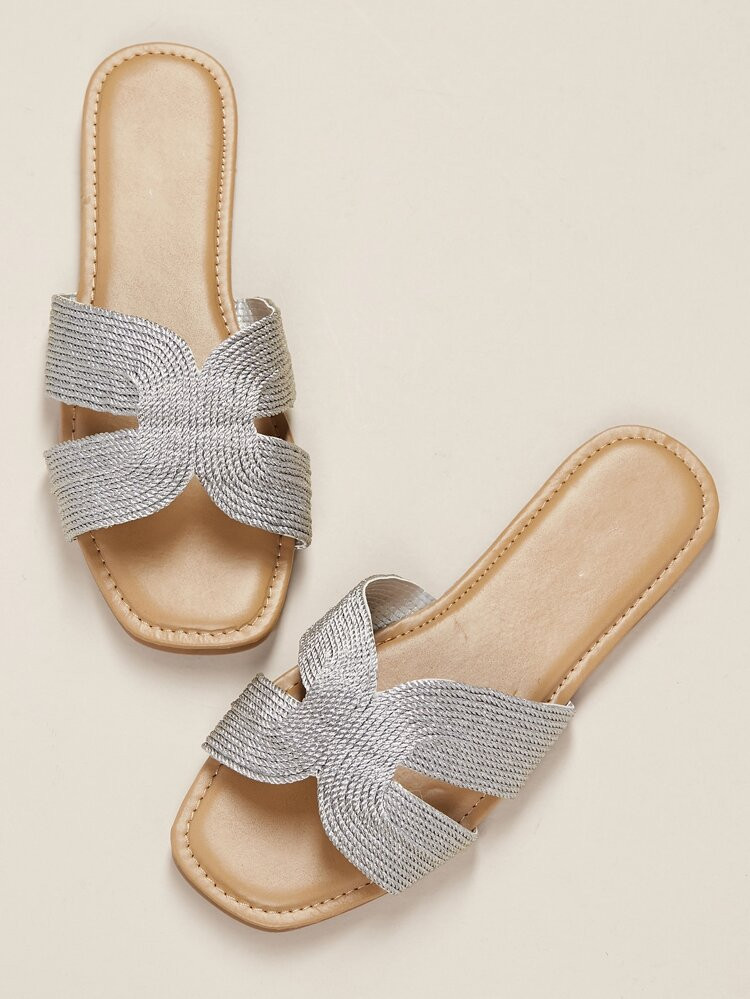 Metallic Woven H Cut Out Flat Slide Sandals | SHEIN