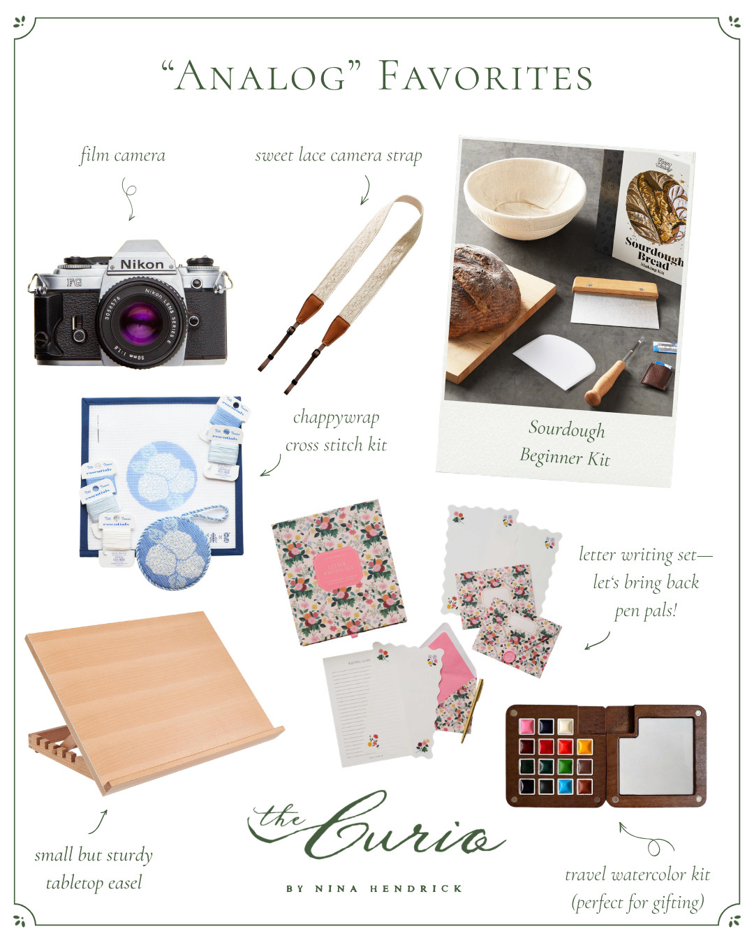Earlier this week I shared a few analog hobbies that have stuck with me over time. I wanted to pass a few of them along for you to enjoy, too. This week’s Curio is for everyone who is a little tired of screens — which I suspect is all of us. Think slow hands, satisfying textures, and the particular pleasure of making something that exists in the physical world.

A film camera for capturing moments the unhurried way, a sweet lace camera strap because even the tools should be beautiful, and a sourdough beginner kit for the weekends when you actually want to be in the kitchen and the starter I used. 

A needlepoint kit from Chappywrap that is more meditative than it sounds, a tabletop easel that earns the word cottage, and a travel watercolor set that would make the most perfect gift. And then there is this letter-writing set — because I have been thinking lately about how much I miss the anticipation of waiting for a letter. Not an email. A letter. One that someone touched, folded, and sent on purpose. 

Let’s bring back pen pals.
Drop a comment if you’re in, I mean it! 

 