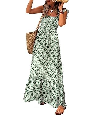 LOLONG Maxi Dress for Women Summer Boho Spaghetti Strap Square Neck Ruffle Beach Sun Dress | Amazon (US)