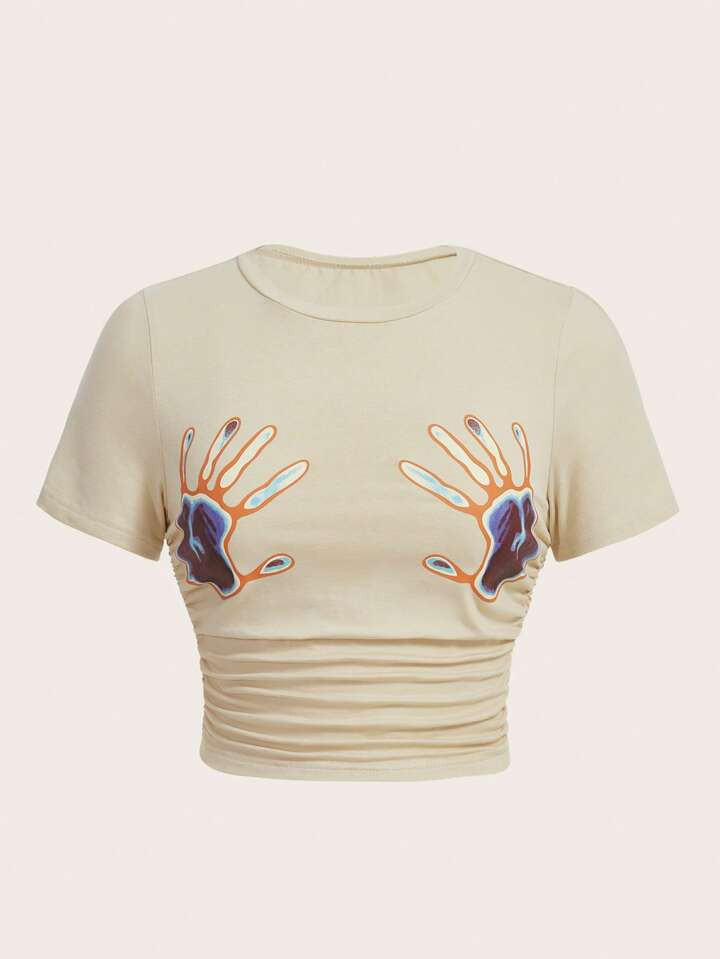 SHEIN EZwear Hand Print Ruched Tee | SHEIN USA | SHEIN