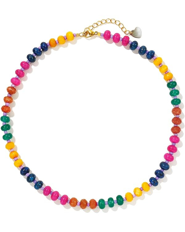 Gemstone Beaded Necklaces For Women Trendy Rainbow Natural Stone Boho Crystal Glass Handmade Stai... | Amazon (US)