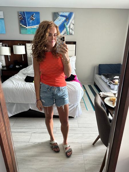 Wearing a medium in the tank.. only $8! I got my tts in these cute cutoff shorts. I love these waterproof rubber Birkenstocks, I’m an 8 and size down to the 38.

#LTKshoecrush