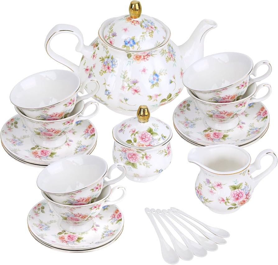 fanquare 21 Pieces Pink Blue Floral Porcelain Tea Set with Gold Trim, British Style Coffee Set fo... | Amazon (US)