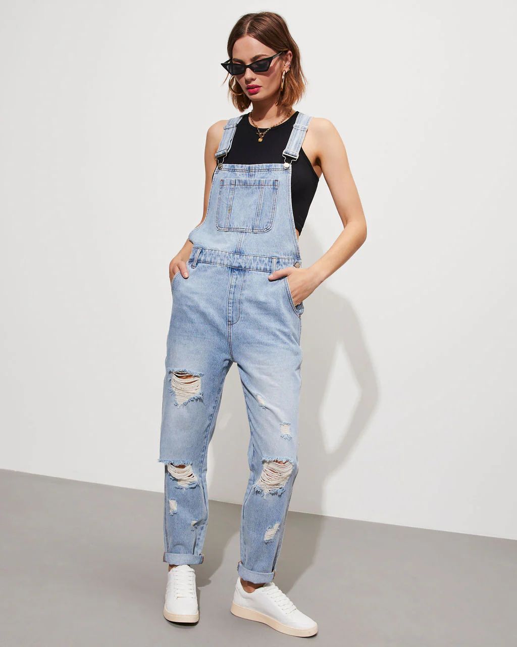 Sean Pocketed Distressed Denim Overalls | VICI Collection