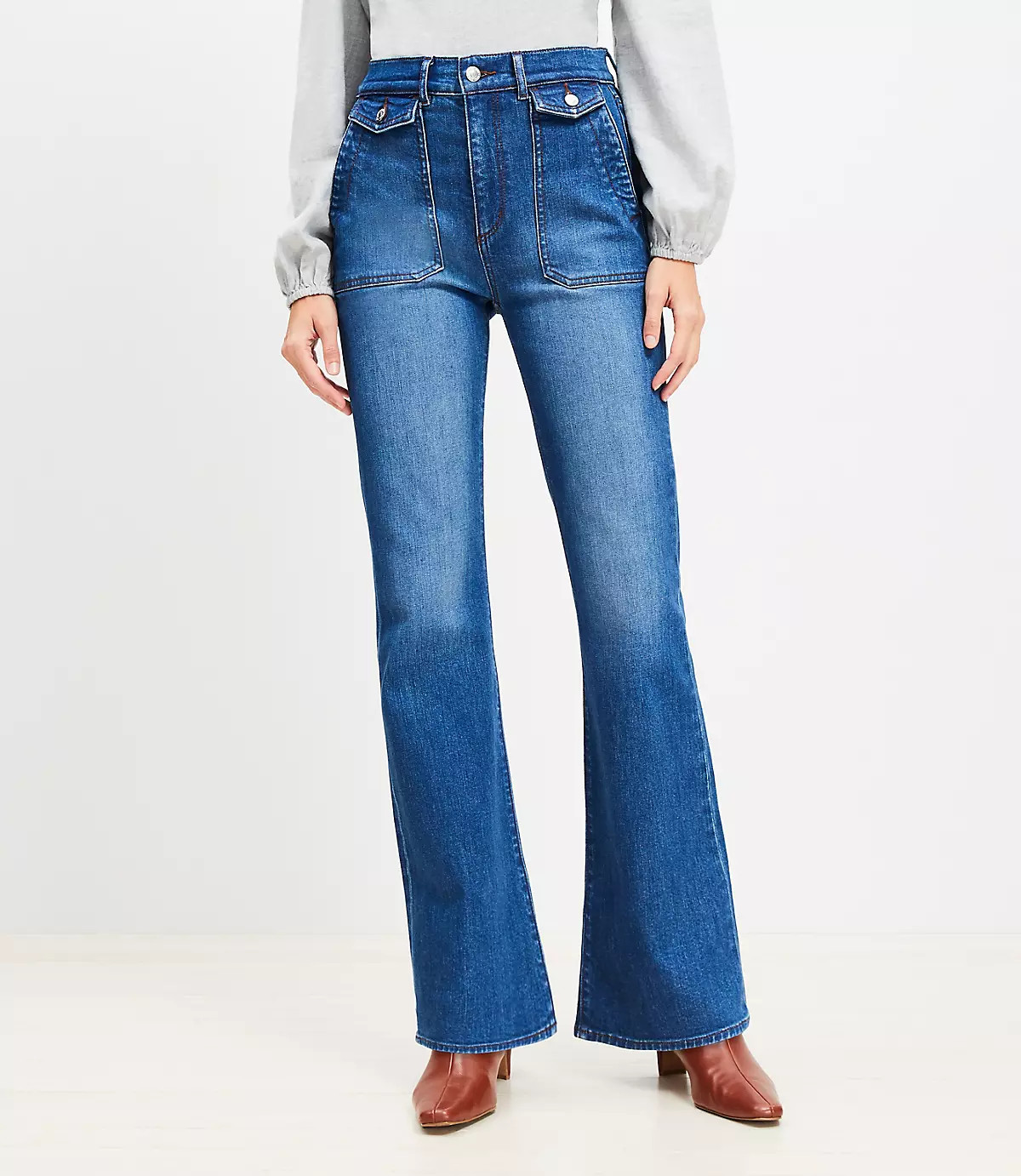 Utility Pocket High Rise Slim Flare Jeans in Stone Wash | LOFT