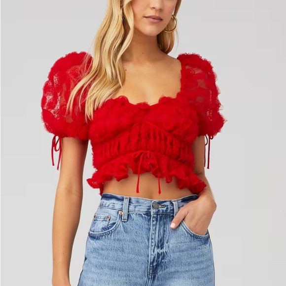 For Love & Lemons Hannah Rose Red Puff-Sleeve Lace Crop Top | Poshmark
