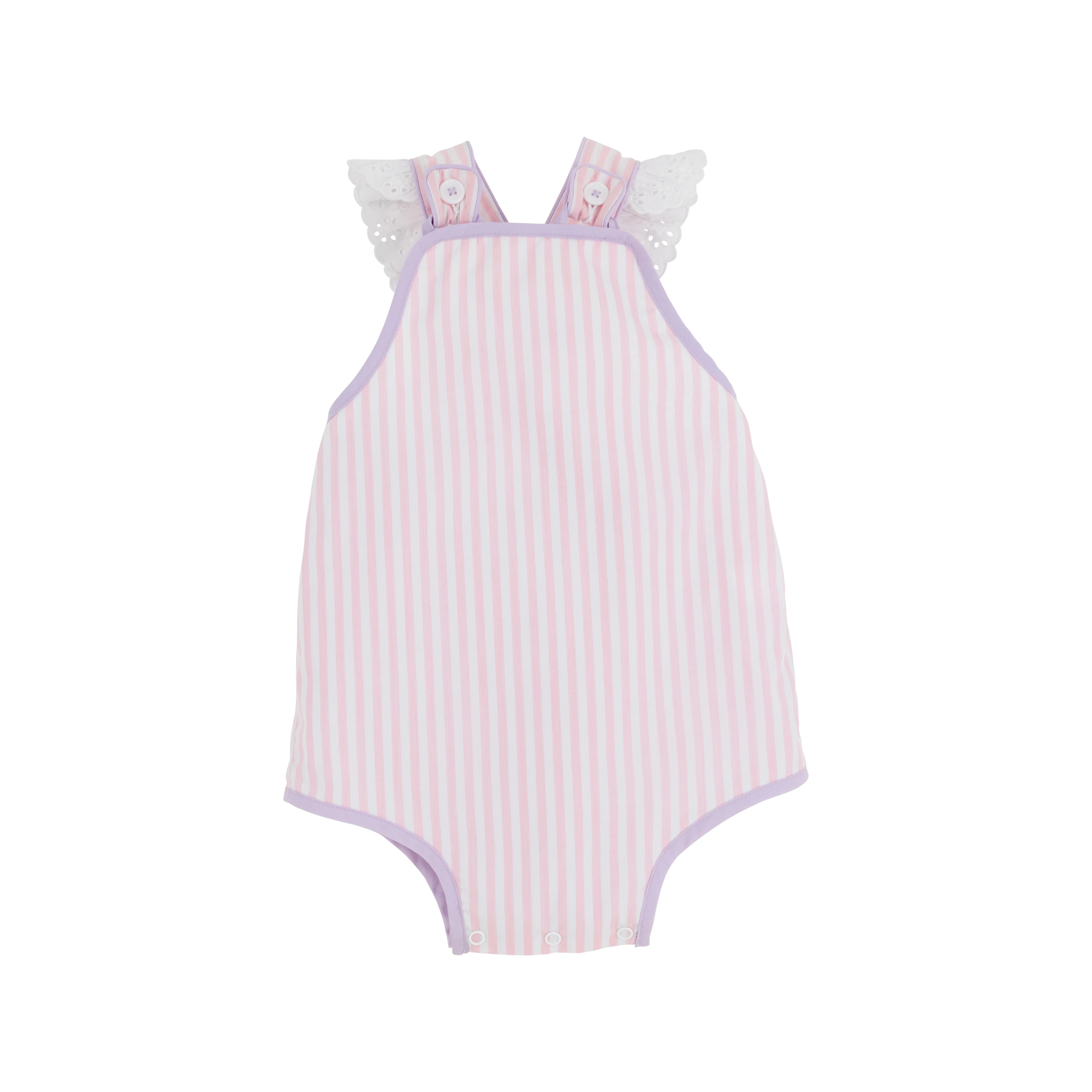 Saylor Sunsuit - Pinckney Pink Stripe with Lauderdale Lavender | The Beaufort Bonnet Company