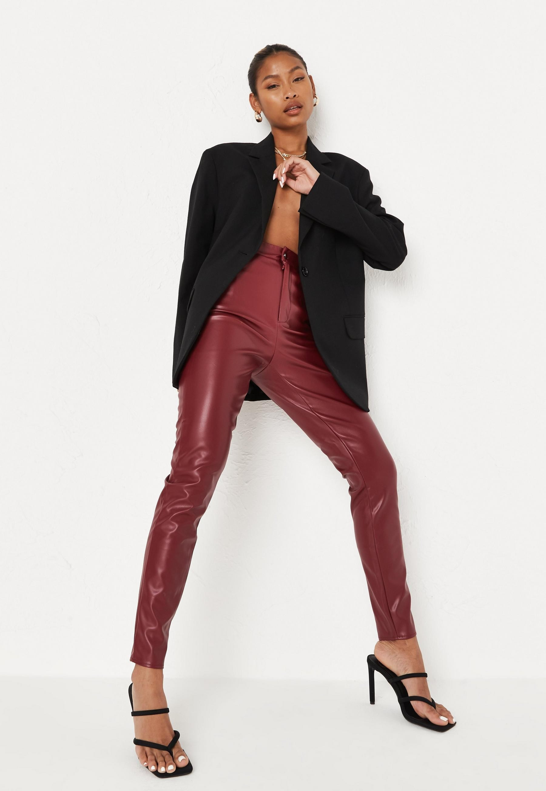 Missguided - Burgundy Faux Leather Slim Leg Pants | Missguided (US & CA)