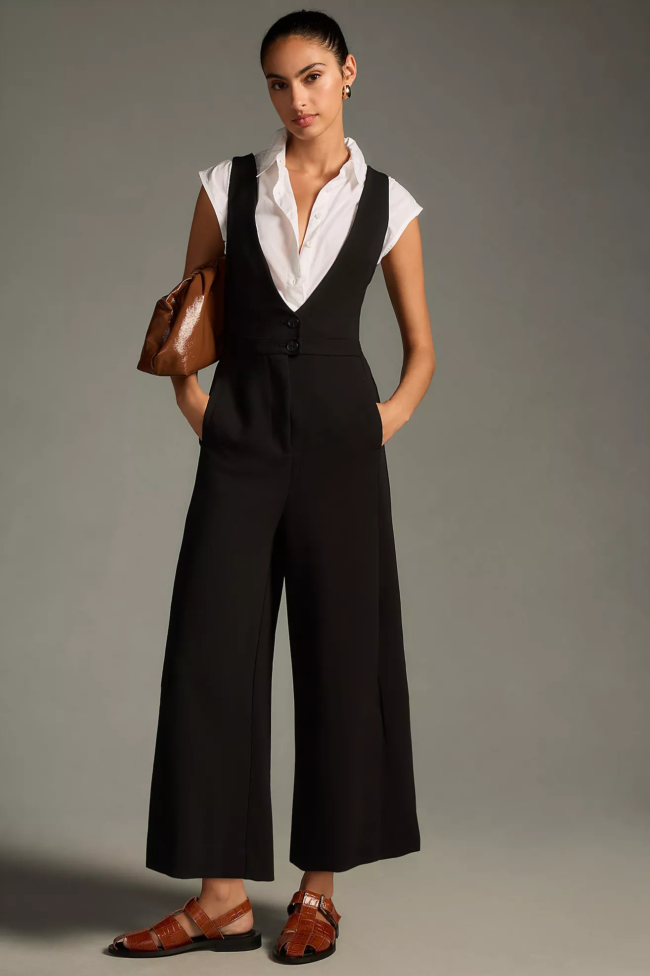 Maeve V-Neck Pinafore Wide-Leg Jumpsuit | Anthropologie (US)