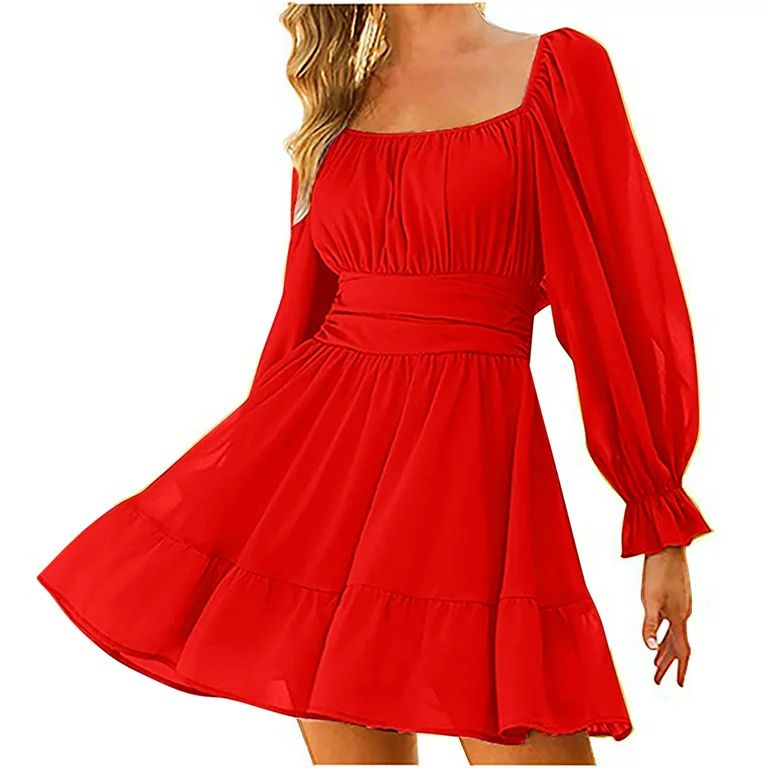 JGTDBPO Casual Dresses For Women 2023 Trendy Long Sleeve Short A-Line Flare Dress Tie Waist Ruffl... | Walmart (US)