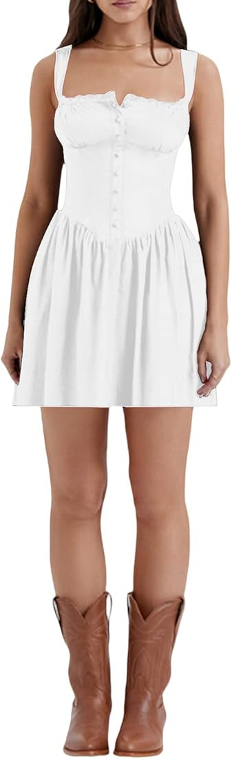 Womens Mini Dress Summer Fairy Square Neck Lace Dress Sexy Backless Ruffle Casual Bodycon Mini A-... | Amazon (US)