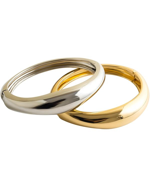 Gold Bangle Bracelets for Women Silver Plated Wide Wire Chunky Cuff Bracelets Trendy Hinged Cuff ... | Amazon (US)