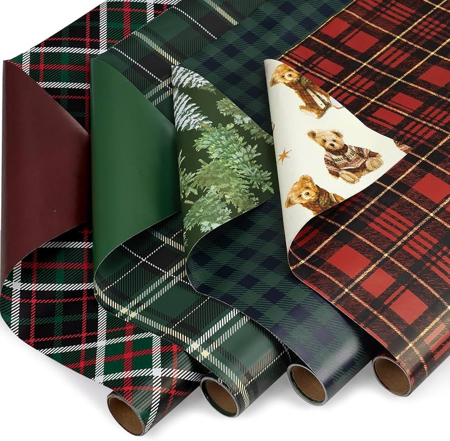 RUSPEPA Reversible Christmas Wrapping Paper Set, Jumbo Roll, Classic Plaid, Solid Green Red, Tree... | Amazon (US)