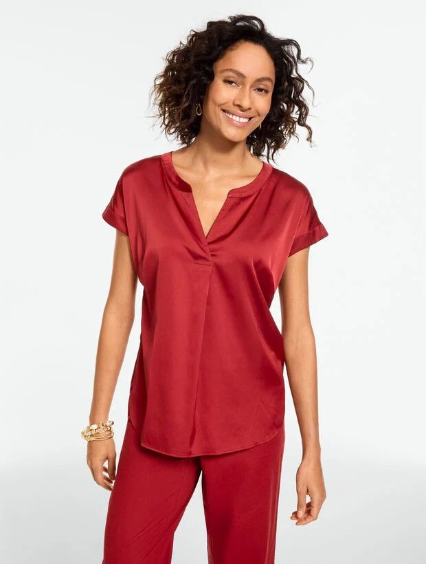 Soft Satin Charmeuse Split Neck Top | Talbots