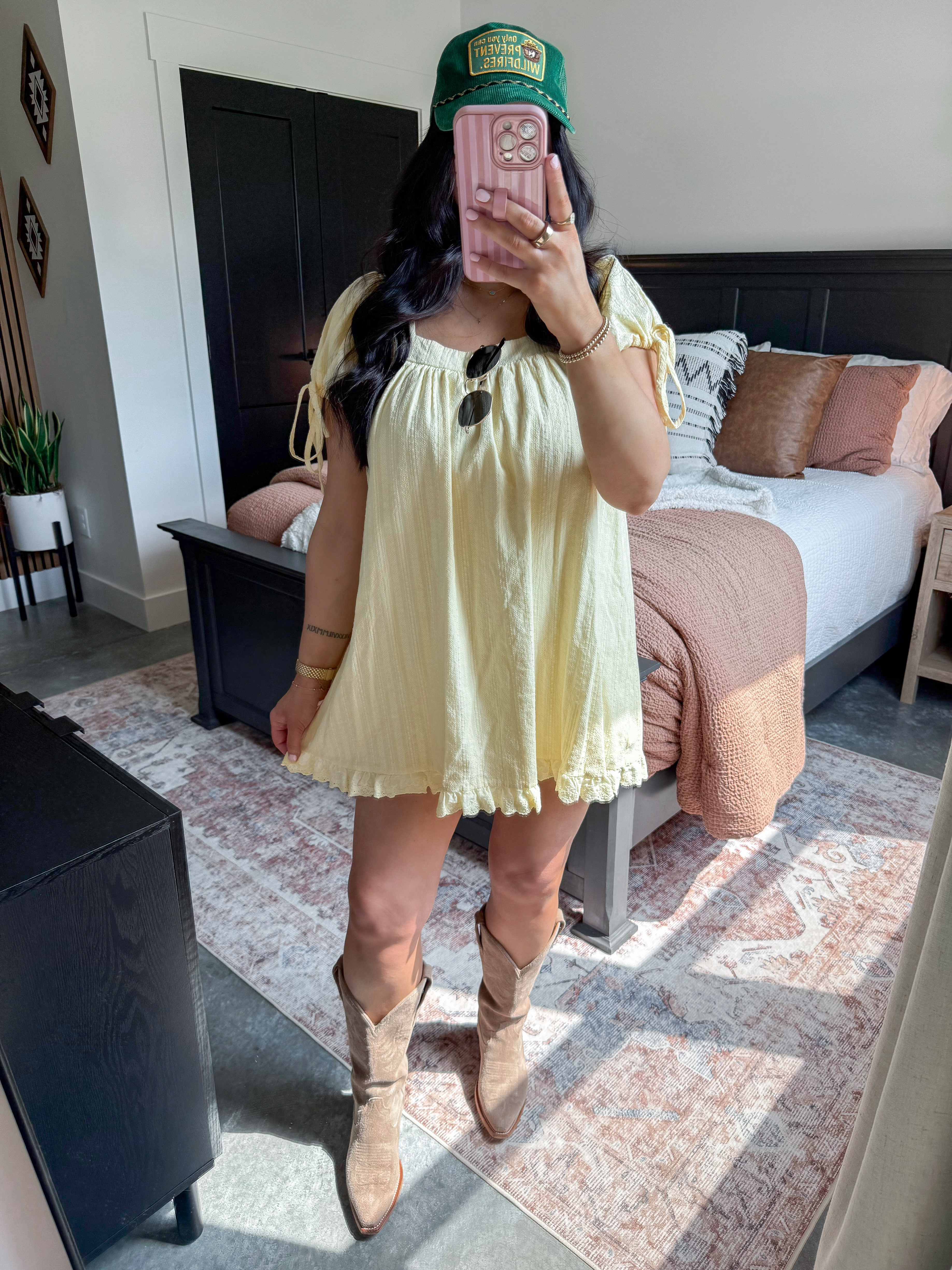 Summer Western OOTD 🤍

Mini Dress - small
Spandex Shorts — small (wore these for extra coverage since this is a mini dress!)

The cutest butter yellow mini dress style with this corduroy trucker hat & my cowgirl boots!

#LTKootd #LTKSeasonal