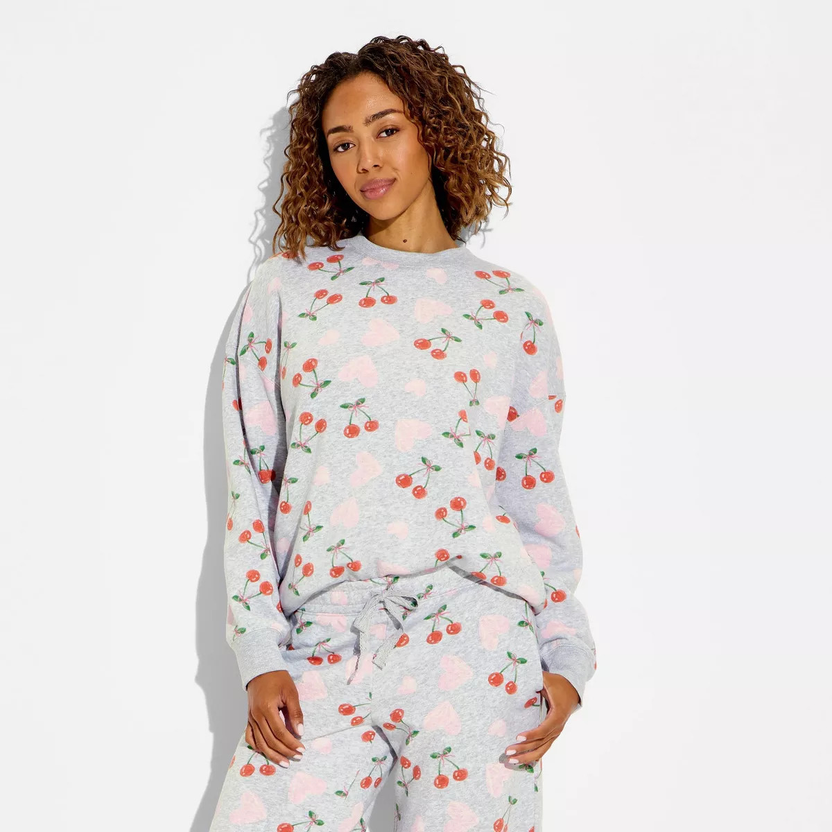 Women's Cherry Heart Fleece Graphic Pullover Sweatshirt - Heather Gray | Target