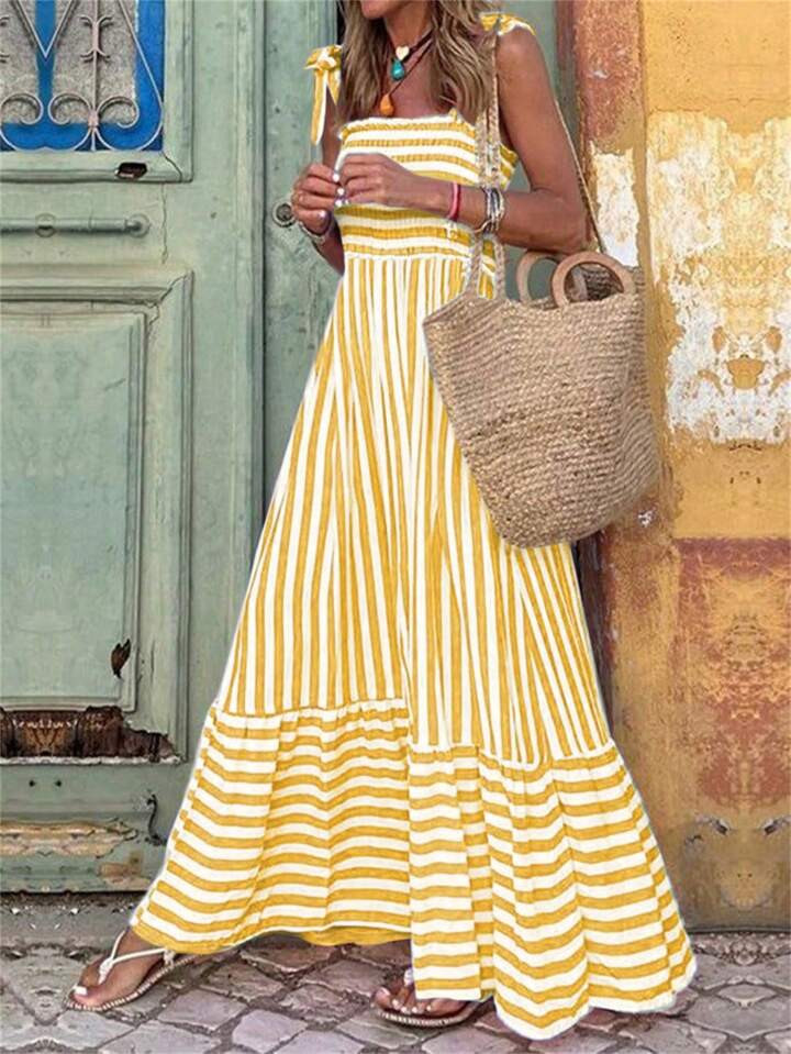 Breezaya Women's Shoulder Strap Chest Gathered Striped Dress Maxi Vacation Beach Outfit | SHEIN