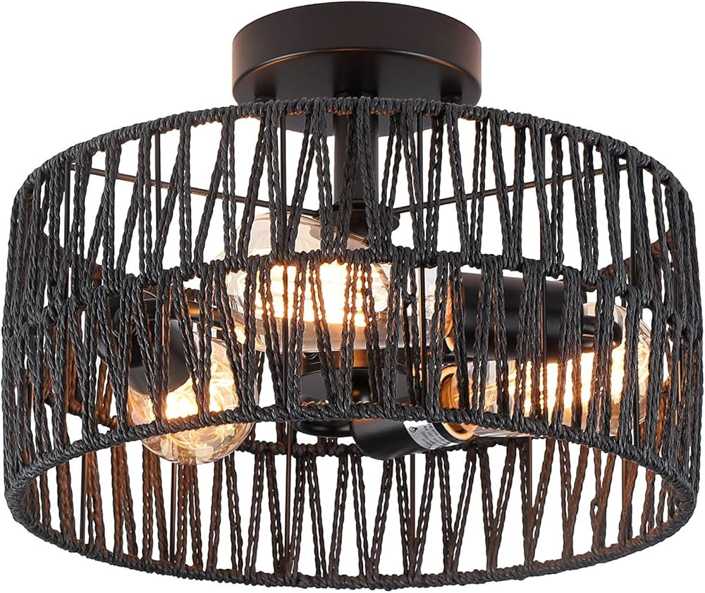 Hchunqjor 3-Light Coastal Black Woven Flush Mount Light Fixture Rustic Industrial Hemp Rope Flush... | Amazon (US)