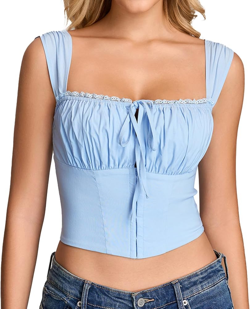 KUTUMAI Lace Corset Top Cute Square Neck Tie Bustier Y2k Going Out Crop Tops for Women Summer | Amazon (US)