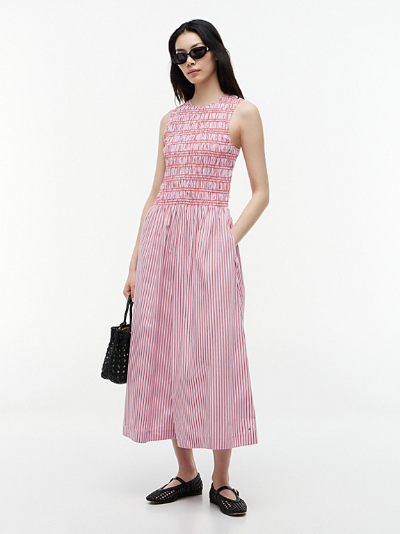 Stripe Smock Sleeveless Fit And Flare Maxi Dress | Pink | Tommy Hilfiger | Tommy Hilfiger UK