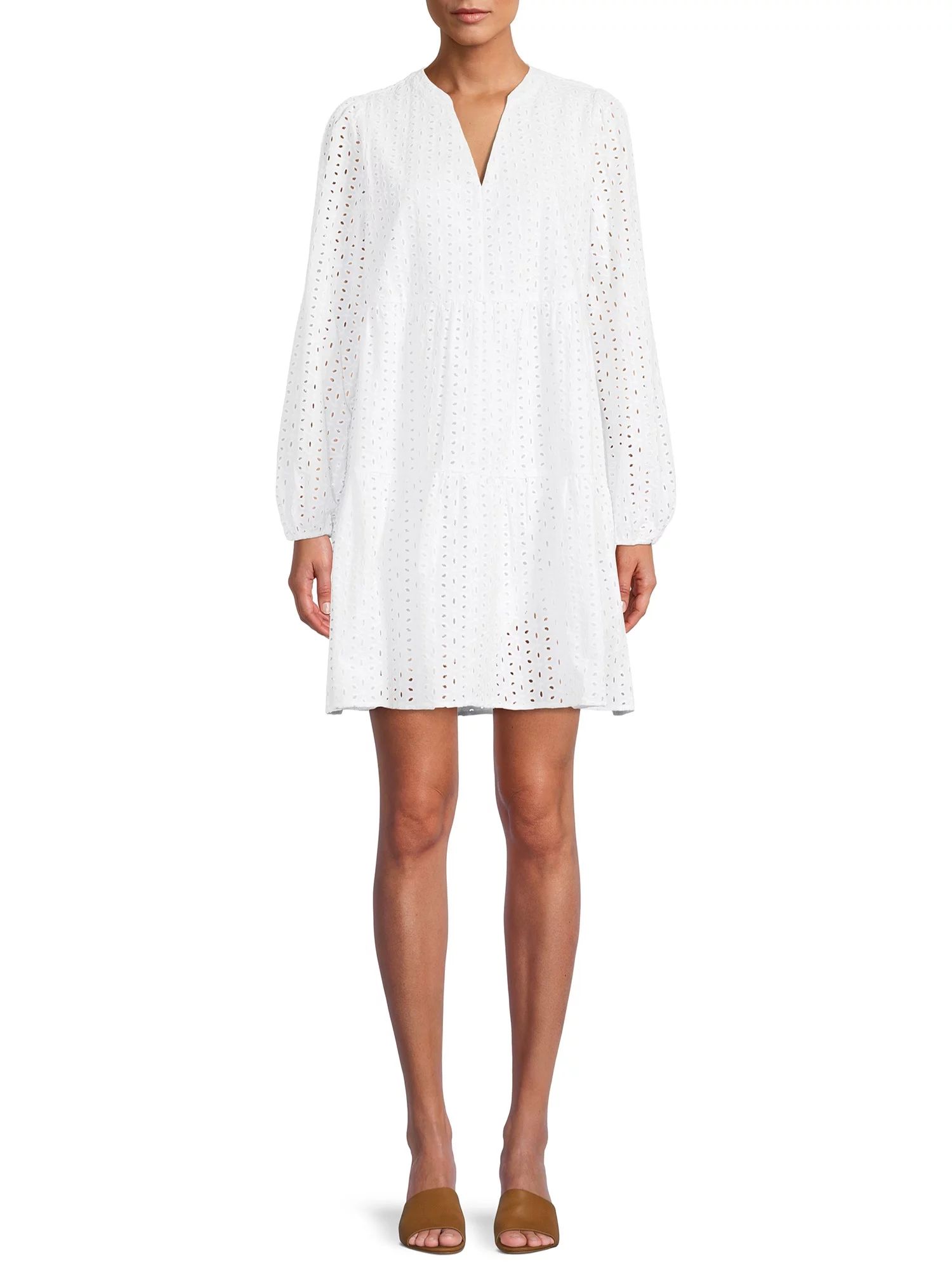 Time and Tru Women's Eyelet Shirt Dress with Long Sleeves | Walmart (US)