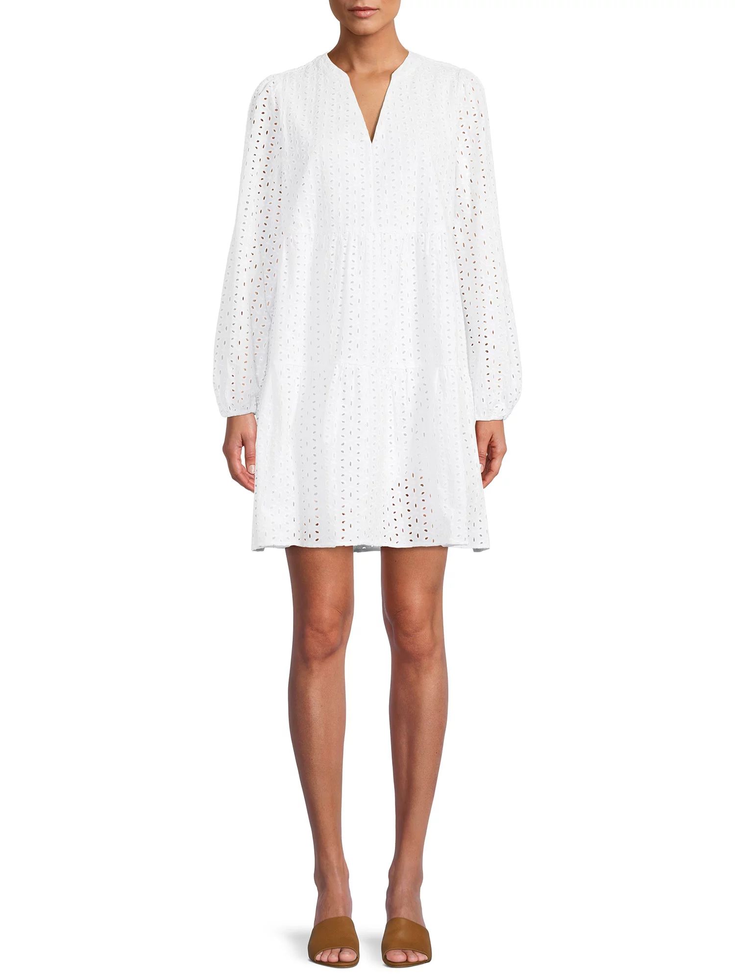 Time and Tru Women's Long Sleeve Solid and Eyelet Dress - Walmart.com | Walmart (US)