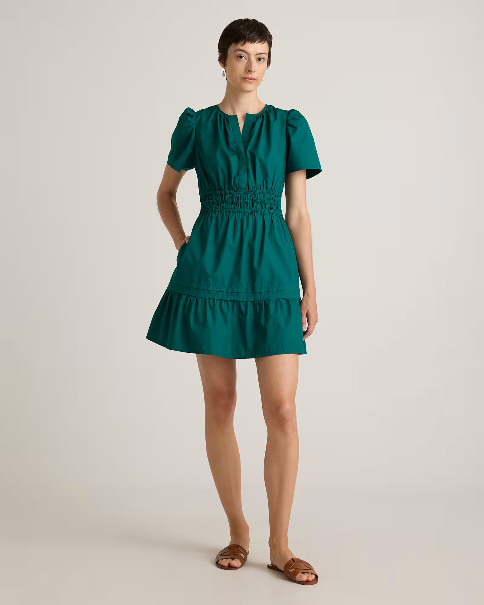 100% Organic Cotton Poplin Tiered Mini Dress in Garden Green | Quince