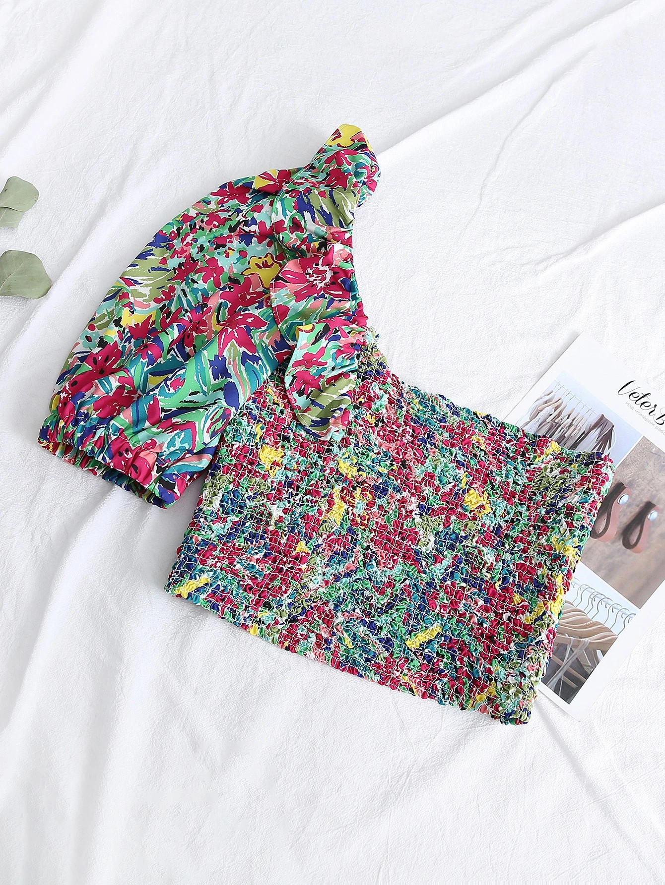 Allover Print One Shoulder Ruffle Shirred Crop Top | SHEIN