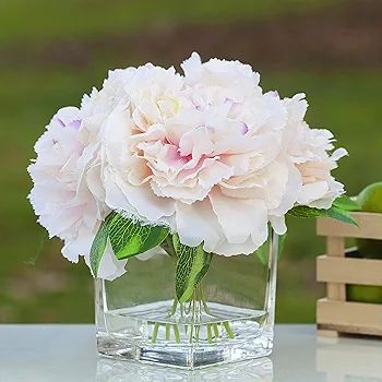Enova Home Silk Peony Flowers Arrangements in Cube Glass Vase with Faux Water for Home Table Wedd... | Amazon (US)