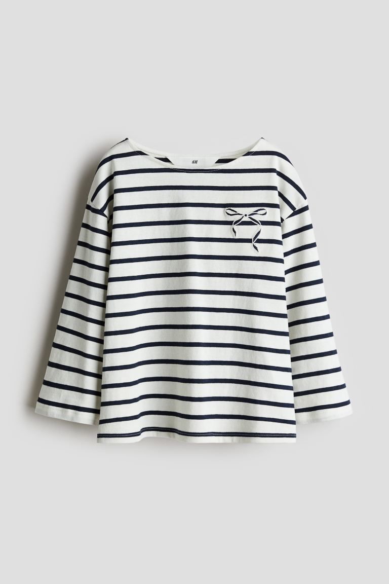 Cotton Top with Embroidered Detail - Boat Neck - Long sleeve - White/blue striped - Kids | H&M US | H&M (US + CA)