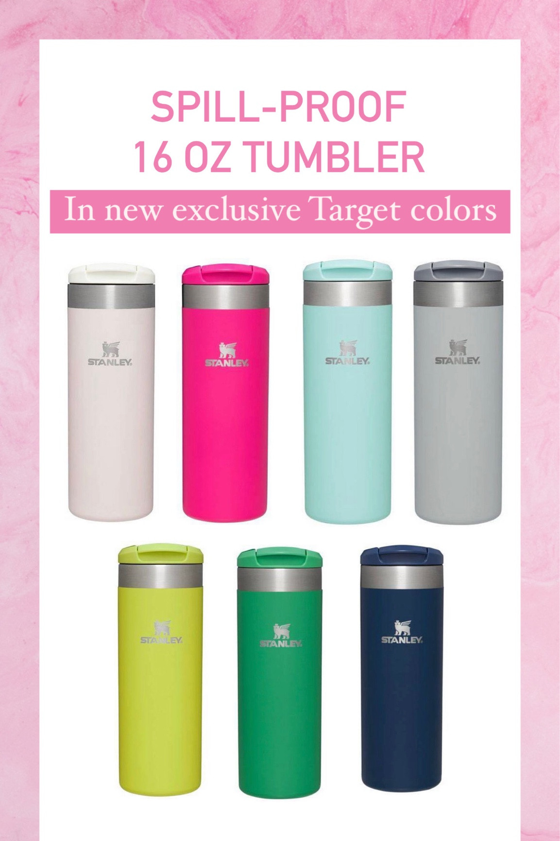 New Target-exclusive Stanley colors in a 16 oz spill-proof tumbler. The light pink & gray have a pearlescent shimmer to them!

#LTKHoliday #LTKSeasonal #LTKhome