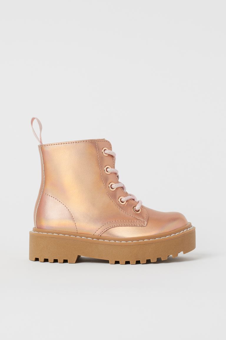 Chunky-soled ankle boots in faux leather with lacing at front, zipper at one side, and a loop at ... | H&M (US)