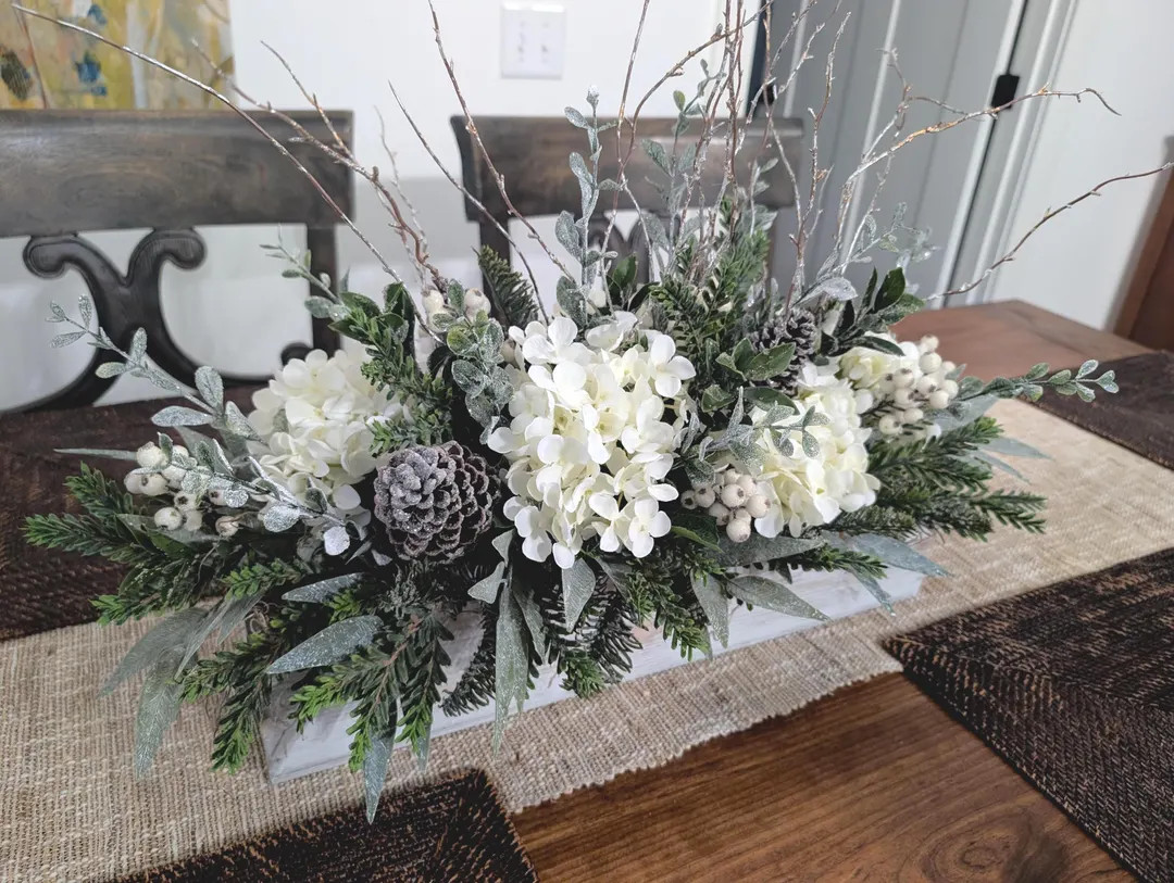 White Christmas Hydrangea Centerpiece, Rectangular, All Winter Long, Winter White, Farmhouse Crat... | Etsy (US)