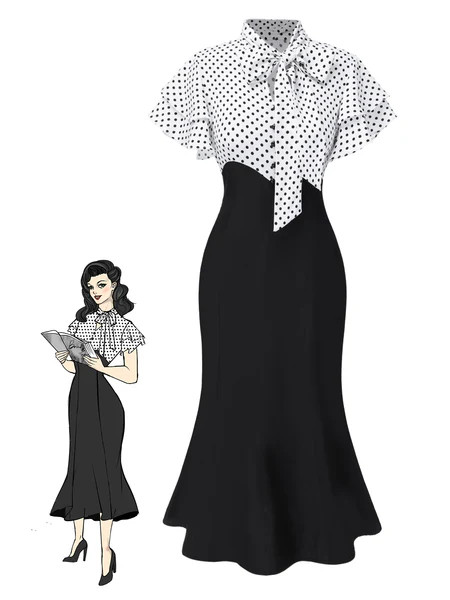 Black 1930s Dots Tie Neck Mermaid Dress | Retro Stage