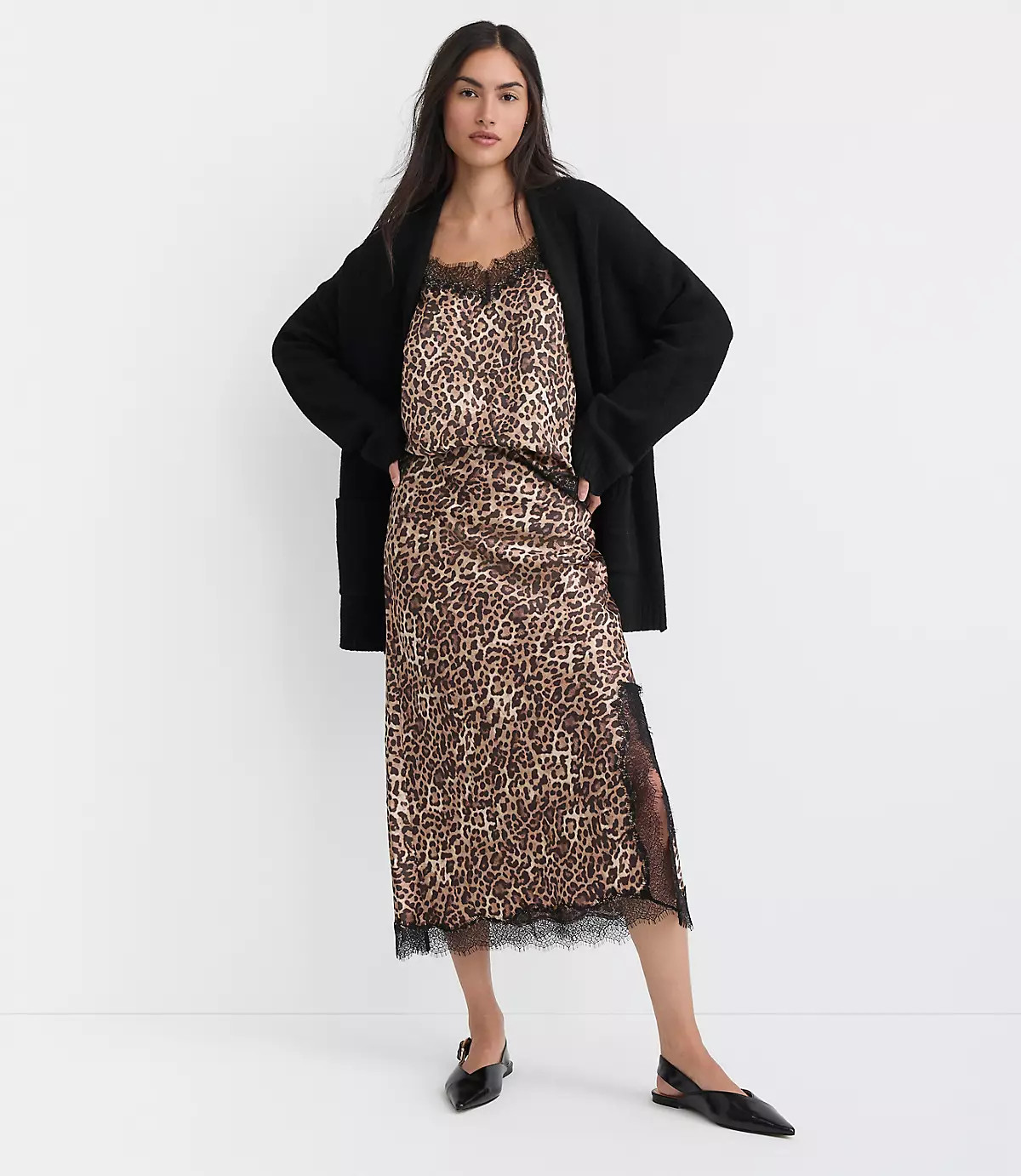 Leopard Print Lace Trim Satin Bias Midi Skirt | LOFT