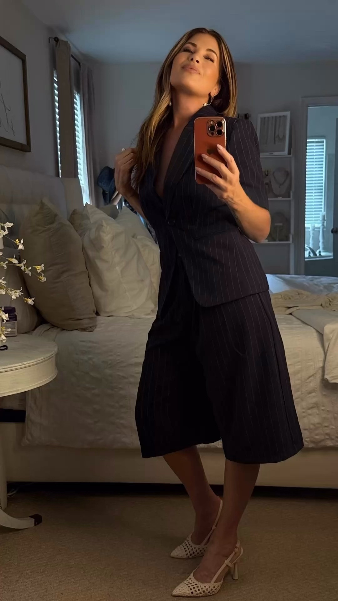 Pinstripes. My business style today from @walmartfinds 

Blazer - sized down to a XS//Culottes - tts, wearing a size 4//heels (mine are old, so I linked a similar pair for you)￼

#LTKdayinmylife #LTKOver40