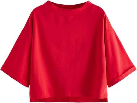 SweatyRocks Women's 3/4 Sleeve Mock Neck Basic Loose T-Shirt Elegant Top | Amazon (US)