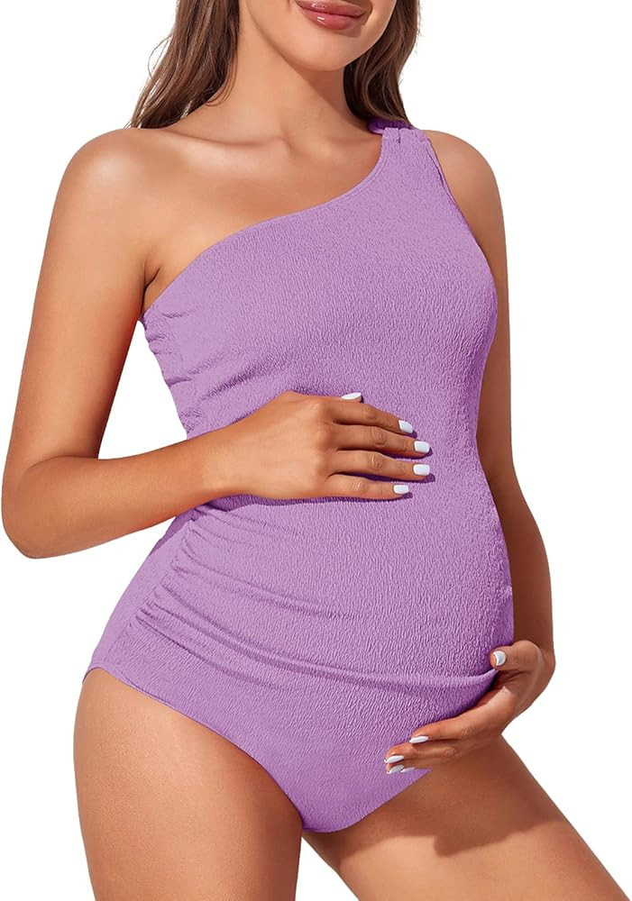 Summer Mae Maternity Swimsuit One Piece One Shoulder Ribbed Pregnancy Bathing Suit | Amazon (US)