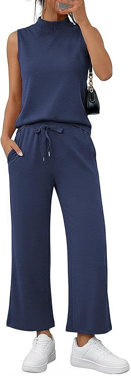 Casly Lamiit Womens 2 Piece Sets Sleeveless Mock Neck Summer Lounge Sets Wide Leg Crop Pants 2026... | Amazon (US)