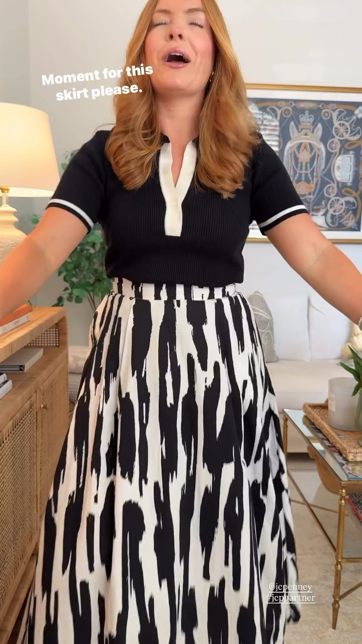 Sizing: small top, 8 skirt

Classic black and white with a modern twist. The knit polo keeps things comfortable while the printed skirt adds just the right amount of personality. It's one of those outfits that looks elevated without requiring any extra effort.

Perfect for: Office days, presentations, networking events, or casual Fridays.

SEO Keywords: business casual outfit, midi skirt outfit, office outfit ideas, black and white outfit, workwear inspiration, polished work outfit