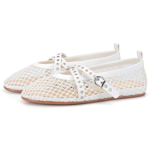Women Mesh Ballet Flats Fishnet Buckle Flats Straps Mary Jane Ballerina Shoes Sexy Casual Flat Dress Shoes-White Size 8 | Amazon (US)