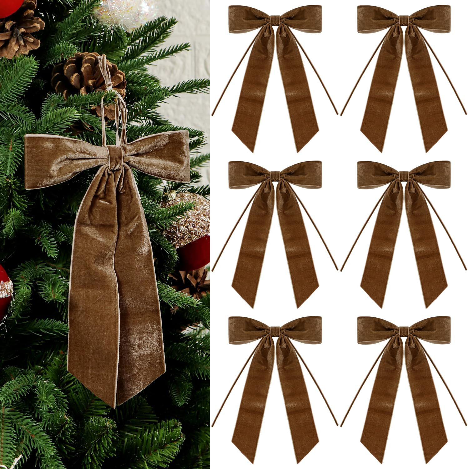 6Pcs Velvet Ribbon Bows Ornaments 7 x 9.5 Inch Premade Christmas Tree Bows for Gift Wrapping, Xmas Holiday Crafts, Wreaths, Garlands, Staircase, Home Outdoor Decorations, 2" Width (6, Brown) | Amazon (US)