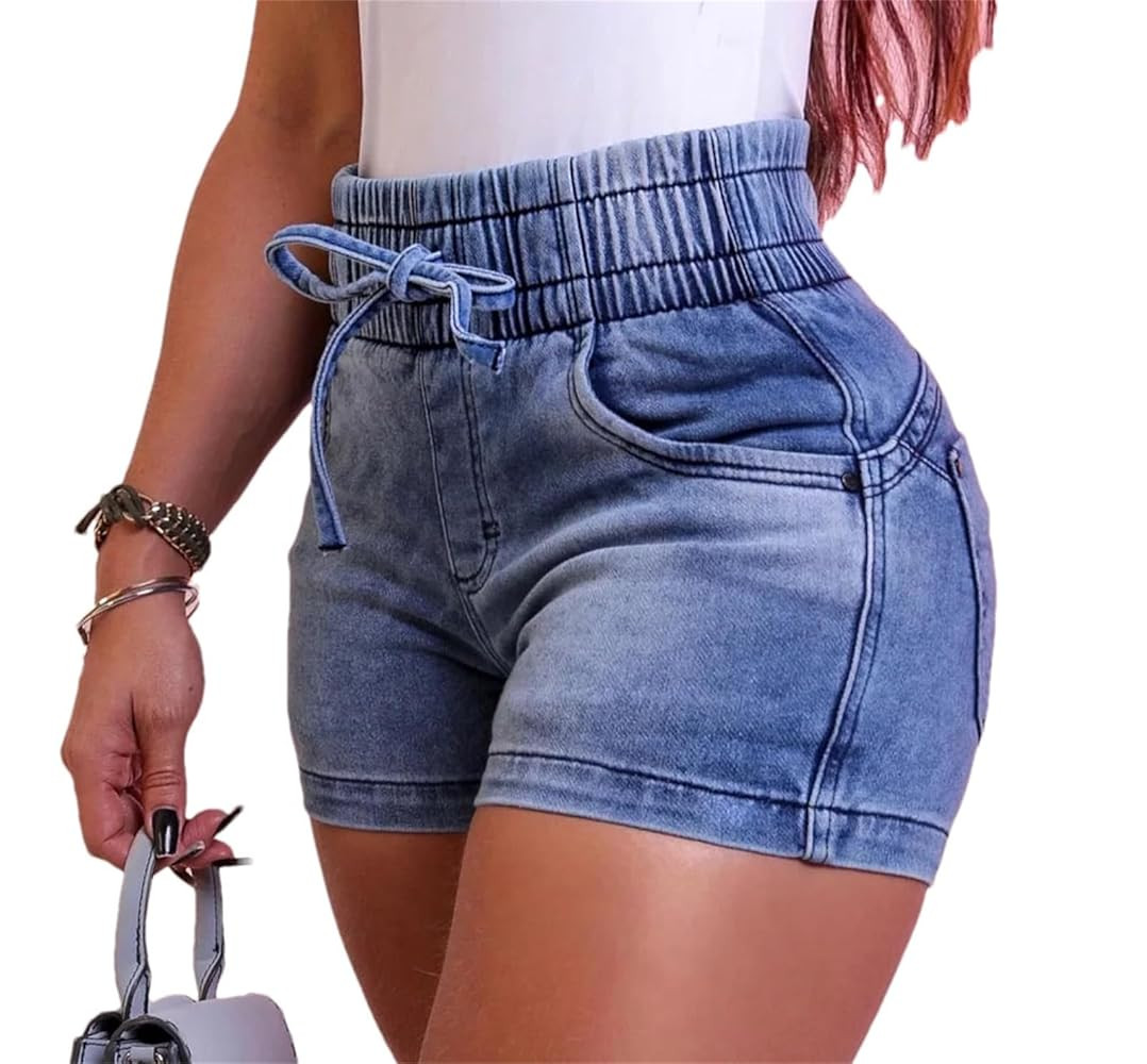 Women Denim Shorts Ladies Elastic Waist Jeans Skinny Short Pants | Amazon (US)