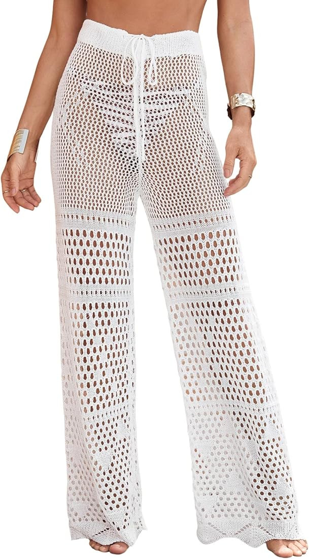 MakeMeChic Women's Cover Up Pants Drawstring Crochet Knitted Sheer Beach Cover Up Pants Swimwear | Amazon (US)