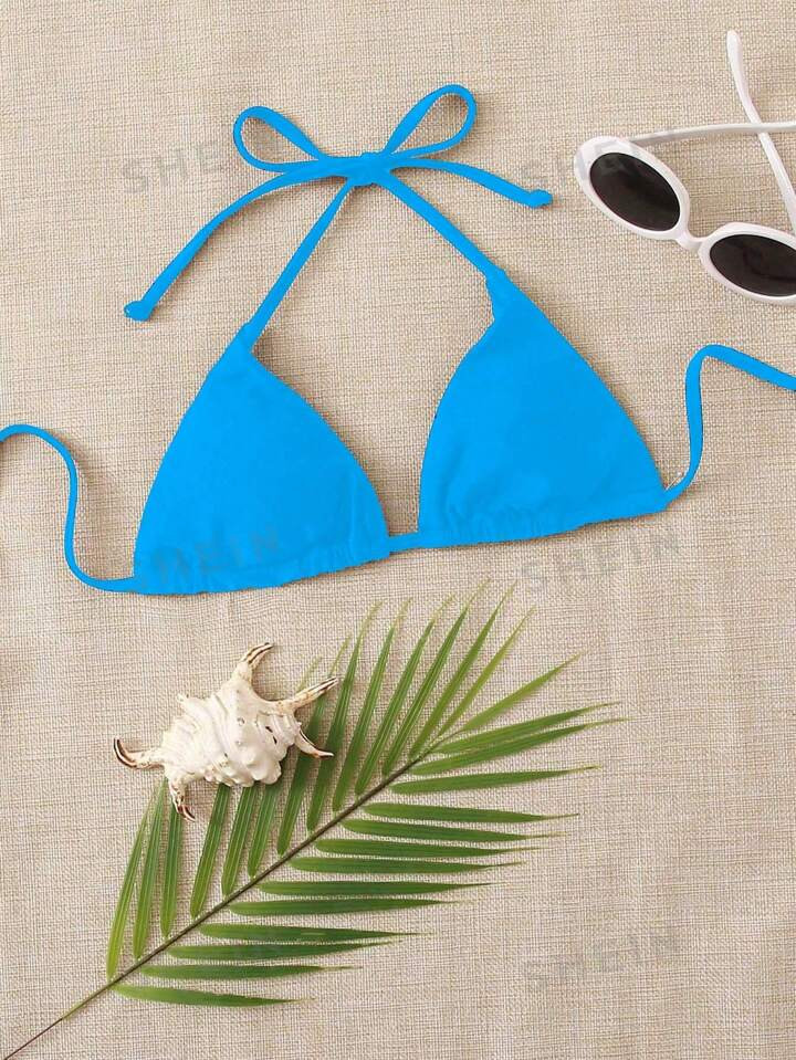 SHEIN Swim Basics Women Resort Style Solid Color Simple Halter Neck Tie Bikini Triangle Cup Swims... | SHEIN