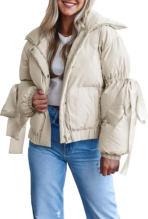 Tankaneo Womens Bow Puffer Jacket Winter Warm Cropped Quilted Jackets Baggy Short Down Coats | Amazon (US)