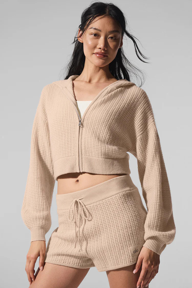 Cashmere Plush Waffle Full Zip Hoodie - Macadamia Blush | Alo Yoga (US)